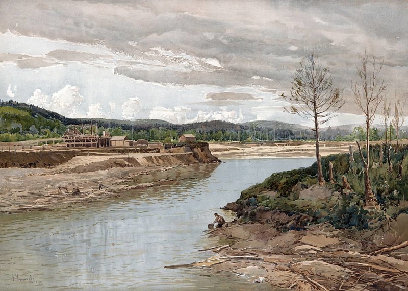 Landscape on the Amur River, or Heilong Jiang, a 2824 kilometer long river in China and Russia flowing into the North Pacific, authentic reproduction of a school mural, historic, around 1900