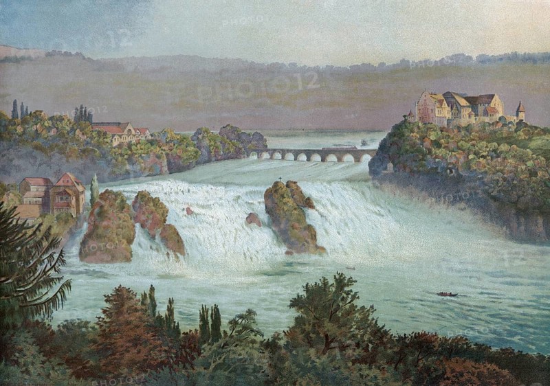 Rhine Falls in Schaffhausen, Rhine, Switzerland, authentic reproduction of a school mural, historic, around 1900, impressive waterfall flows through a lush green landscape with a bridge