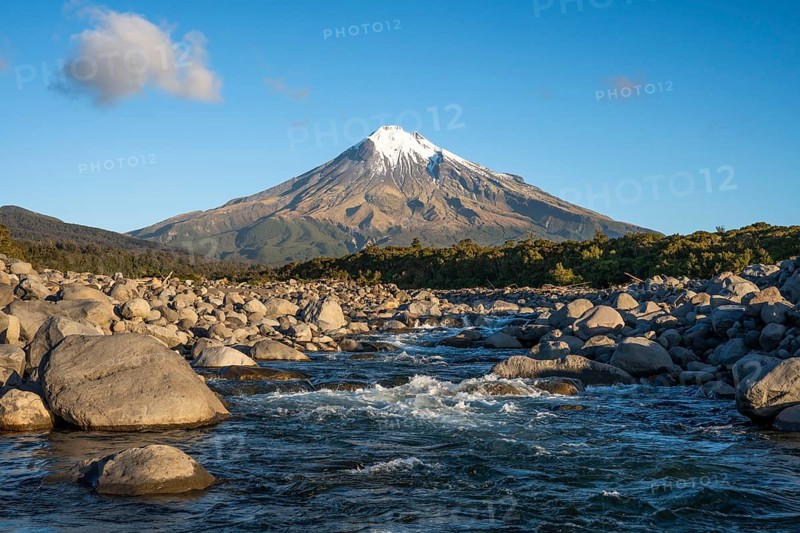 Mount Taranaki, in the foreground Stony River (Hangatahua River) . Egmont National Park, Taranaki Region, North Island, New Zealand