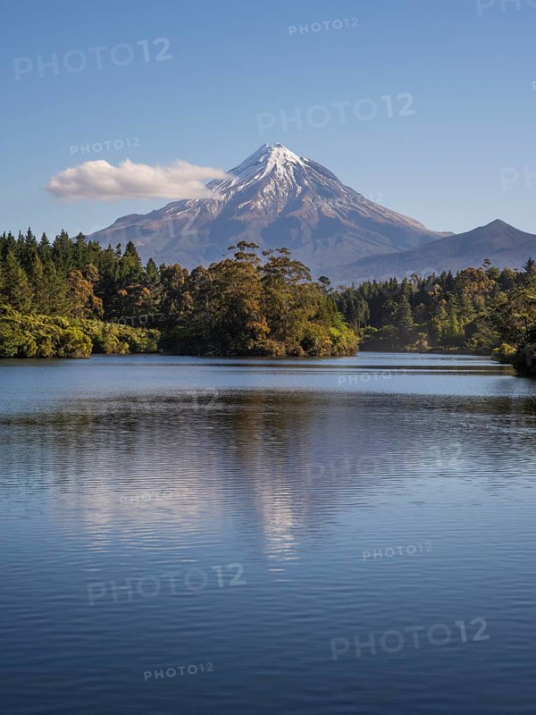 Lake Mangamahoe with views of Mount Taranaki. Egmont National Park, Taranaki Region, North Island, New Zealand