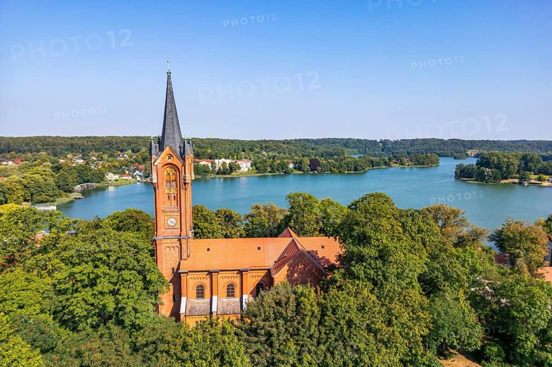 Aerial view, drone photo: City church and house lake in Feldberg, Feldberger Seenlandschaft, Mecklenburg Lake District, Mecklenburg-Western Pomerania, Germany