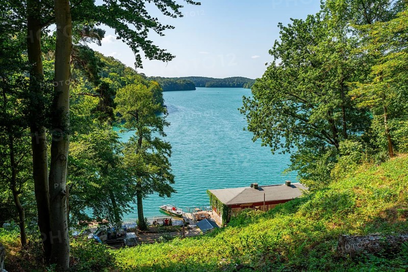 Luzin ferry station and boat rental in a wooden house on the shores of Lake Schmaler Luzin, Feldberg, Feldberger Seenlandschaft, Mecklenburg Lake District, Mecklenburg-Western Pomerania, Germany