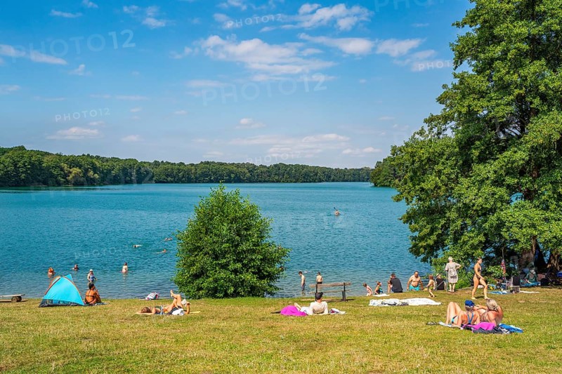 Bathers and bathers at the bathing area in Lake Schmaler Luzin, Carwitz, Feldberger Seenlandschaft, Mecklenburg Lake District, Mecklenburg-Western Pomerania, Germany