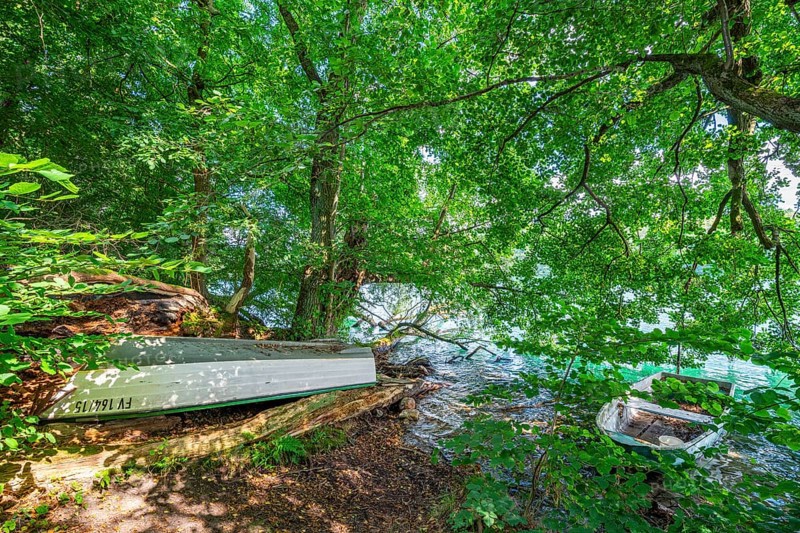 Two rowing boats under trees on the shores of Lake Schmaler Luzin, Feldberger Seenlandschaft, Mecklenburg Lake District, Mecklenburg-Western Pomerania, Germany