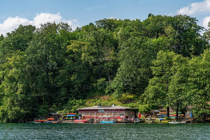 Ferry station, canoe rental and cafÃ© on Lake Schmaler Luzin, Hullerbusch Nature Reserve, Feldberg Lake District, Mecklenburg Lake District in Mecklenburg-Western Pomerania, Germany