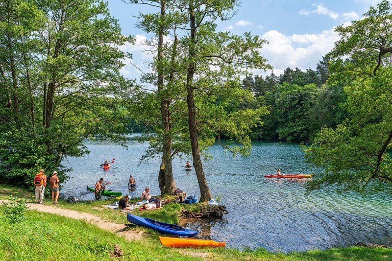 Bathers and paddlers with kayak and SUP at a bathing area on Lake Schmaler Luzin, Hullerbusch Nature Reserve, Carwitz, Feldberger Seenlandschaft, Mecklenburg Lake District in Mecklenburg-Western Pomerania, Germany