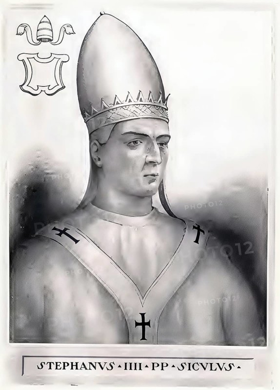 Stephen IV (V) (died 24 January 817 in Rome) succeeded Leo III as Pope from 22 June 816 to 24 January 817, Historical, authentic, digitally restored reproduction from a 19th century original, Record date not stated