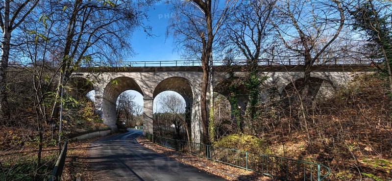 Historic stone railway viaduct in Lauf, built in 1876, Lauf an der Pegnitz, Middle Franconia, Bavaria, Germany