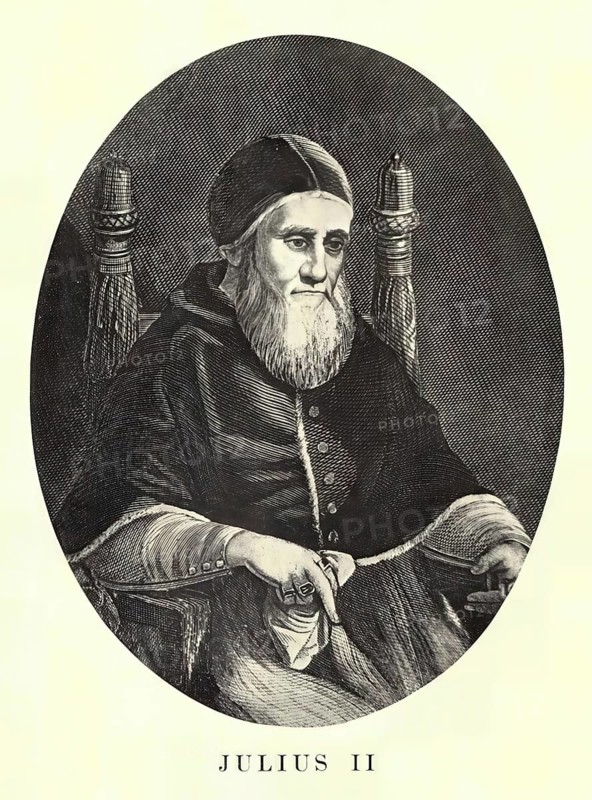 Julius II (civic name Giuliano della Rovere, born 5 December 1443 in Albisola Superiore near Savona, Liguria, died 21 February 1513 in Rome) was Roman Catholic Pope from 1 November 1503 to 21 February 1513. He founded the papal bodyguard Swiss Guard in 1506, Historical, authentic, digitally restored reproduction from a 19th century original, Record date not stated