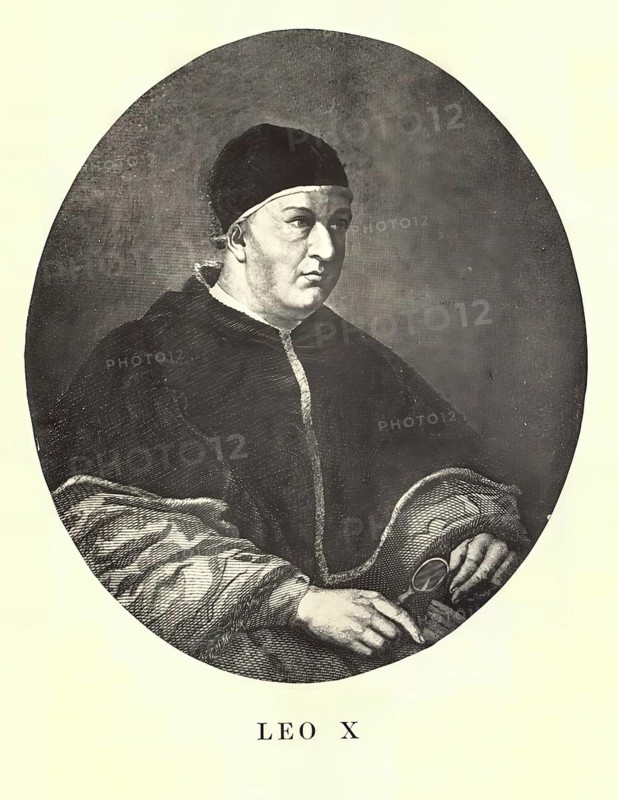 Leo X (born Giovanni de' Medici, born 11 December 1475 in Florence, died 1 December 1521 in Rome) was Roman Catholic Pope from 11 March 1513 until his death. His pontificate marked the beginning of the Reformation, Historical, authentic, digitally restored reproduction from a 19th century original, Record date not stated