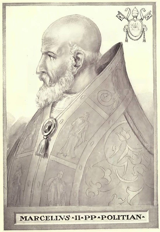 Marcellus II (born 6 May 1501 in Montefano (Marche), died 1 May 1555 in Rome), birth name Marcello Cervini degli Spannocchi, was Pope of the Catholic Church from 9 April to 1 May 1555, Historical, authentic, digitally restored reproduction from a 19th century original, Record date not stated