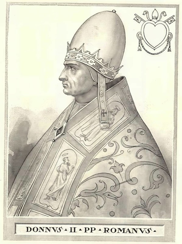 Pope Donus II is an apocryphal pope who supposedly briefly held office sometime in the 970s between Benedict VI and Benedict VII, historical, authentic, digitally restored reproduction of a 19th-century original, record date not stated