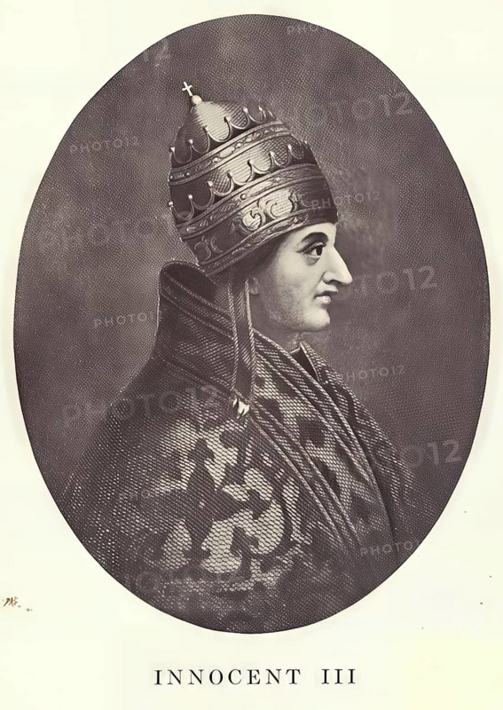 Innocent III (born Lotario dei Conti di Segni, Germanised as Lothar from the House of the Counts of Segni, born 22 February 1161 at Gavignano Castle, died 16 July 1216 near Perugia) was Pope of the Roman Catholic Church from 1198 to 1216. He is considered one of the most important popes of the Middle Ages, Historical, authentic, digitally restored reproduction from a 19th century original, Record date not stated