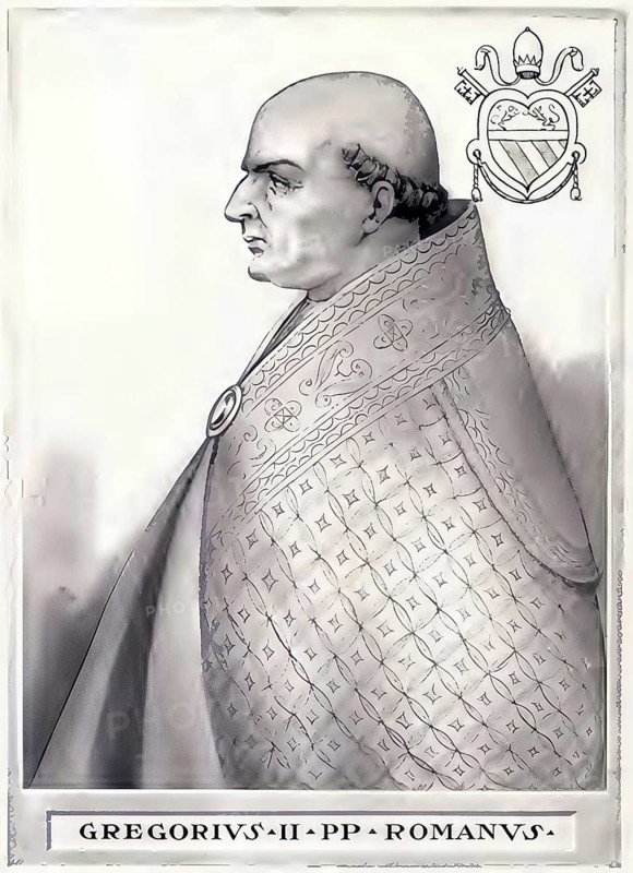 Gregory II (669 - 731) was pope from 715 to 731. He was the son of Marcellus, his mother's name was Honesta. He completed a career in ecclesiastical administration and became papal librarian under Pope Sergius I. He became Pope on 19 May 715, Historical, authentic, digitally restored reproduction from a 19th century original, Record date not stated