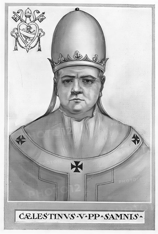 Coelestine V, civically Pietro da Morrone OSBCoel (also Petrus de Murrone or Pietro Angelari, born around 1209/1210 or around 1215 in Sant'Angelo Limosano or Isernia, (1) died 19 May 1296 in Fumone) was a hermit and founder of the Celestine Order in front of he was elected pope in July 1294, Historical, authentic, digitally restored reproduction from a 19th century original, Record date not stated