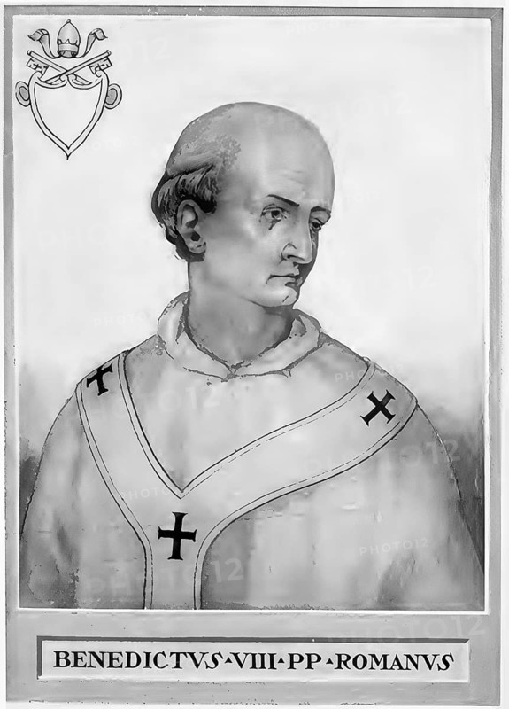 Benedict VIII (in front of his election as pope Theophylact II of Tusculum, born around 980 in Rome or Tusculum, (1) died 9 April 1024 in Rome) was pope from 20 or 21 May 1012 until his death, Historical, authentic, digitally restored reproduction from a 19th century original, Record date not stated
