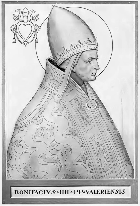 Pope Boniface IV (reigned 608-615) was a Benedictine monk who served under Pope Gregory the Great and promoted monasticism, his most important act was the rededication of the Roman Pantheon into a church for the Virgin Mary and all martyrs, thus celebrating the feast of All Saints (originally a memorial day of the martyrs), Historical, authentic, digitally restored reproduction from a 19th century original, Record date not stated