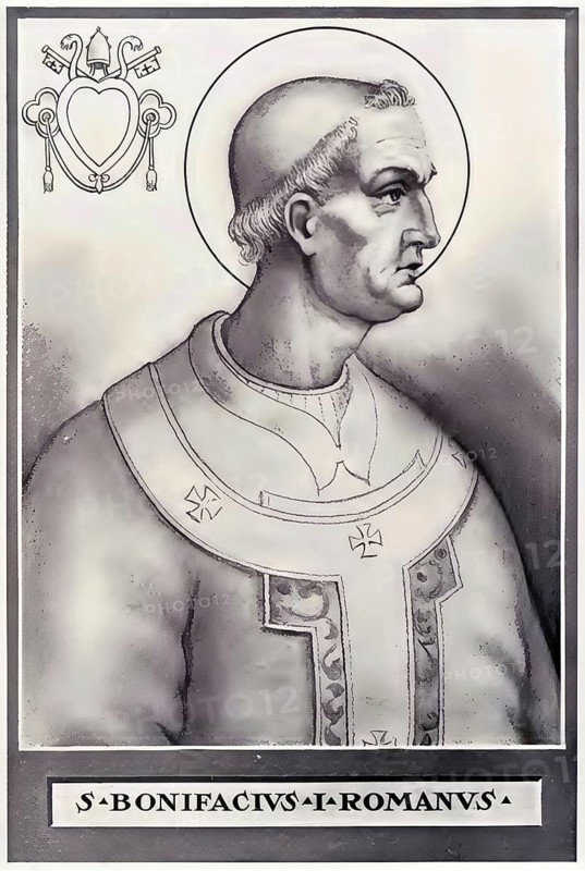 Boniface I was Pope in Rome from December 28, 418 to September 4, 422, historical, authentic, digitally restored reproduction from a model from the 19th century, record date not stated