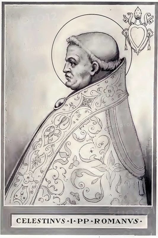 Coelestine I (Latin: the Celestial, born in front of 10 September 422, died 27 July 432) was Pope and Bishop of Rome from 10 September 422 to 27 July 432. He is one of the saints and promoted the church doctrine of Mary as the Mother of God, Historical, authentic, digitally restored reproduction from a 19th century original, Record date not stated