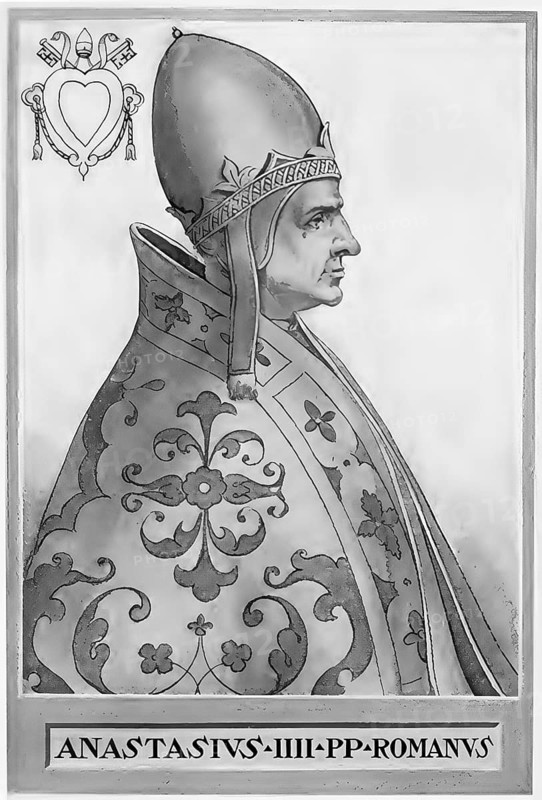 Anastasius IV (born around 1073 in Rome, died 3 December 1154 in Rome), originally Conrad of Suburra (also Corrado della Suburra), was elected pope on 8 July 1153 as successor to Eugene III and crowned on 12 July 1153, Historical, authentic, digitally restored reproduction from a 19th century original, Record date not stated