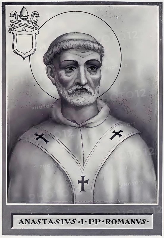 Anastasius I (Greek: the Risen One, born in Rome, died 19 December 401) was Bishop of Rome at the turn of the 5th century and thus Pope of the Latin Church, Historical, authentic, digitally restored reproduction from a 19th century original, Record date not stated
