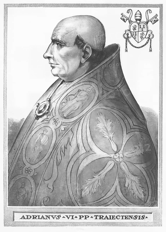 Hadrian VI, whose civil name was Adriaan Floriszoon Boeyens or Adriaan Florisz d'Edel, then spelled Adriaen Floriszoon Boeiens, also known in German as Adrian von Utrecht (born 2 March 1459 in Utrecht, died 14 September 1523 in Rome), was Pope of the Roman Catholic Church from 9 January 1522 until his death, Historical, authentic, digitally restored reproduction from a 19th century original, Record date not stated