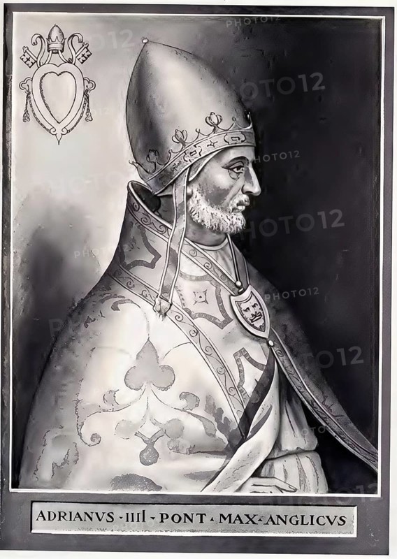 Hadrian IV, also Adrian IV, born as Nicholas Breakspear between 1100 and 1120 in St Albans, Hertfordshire, England, died September 1, 1159 in Anagni, was the only Pope of English origin in church history from 1154 until his death, historical, authentic, digitally restored reproduction of a model from the 19th century, record date not stated