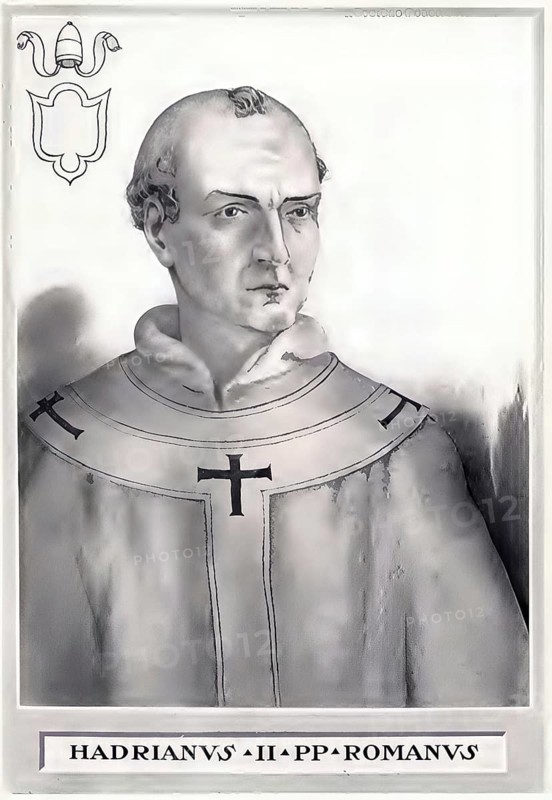 Hadrian II (born 792, died 14 December 872 in Rome) was pope for exactly five years from his enthronement on 14 December 867 until his death in 872, Historical, authentic, digitally restored reproduction from a 19th century original, Record date not stated