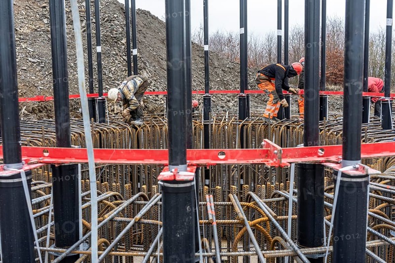 Assembly of reinforcing steel for the reinforced concrete foundation of a wind turbine, a mesh of rebar and rebar mesh, over 100 tons of reinforcing steel were used, the wind turbine will have a hub height of 160 meters, part of a new wind farm in Sauerland, near Balve, North Rhine-Westphalia, Germany