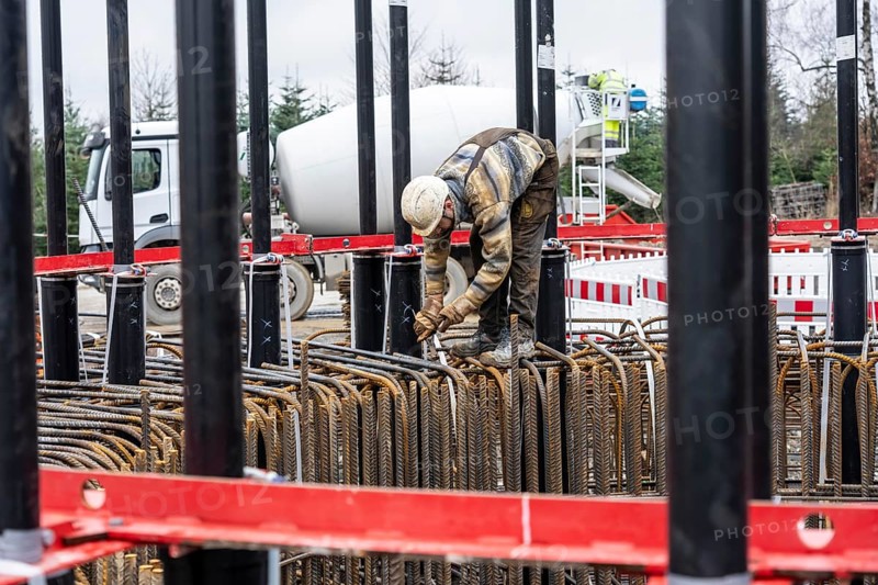 Assembly of reinforcing steel for the reinforced concrete foundation of a wind turbine, a mesh of rebar and rebar mesh, over 100 tons of reinforcing steel were used, the wind turbine will have a hub height of 160 meters, part of a new wind farm in Sauerland, near Balve, North Rhine-Westphalia, Germany