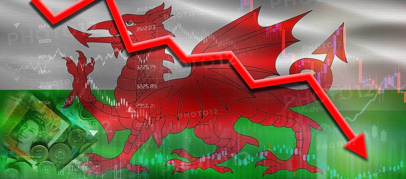 Wales Financial Crisis on Economic Graph. Financial Fall Welsh on Economy Market