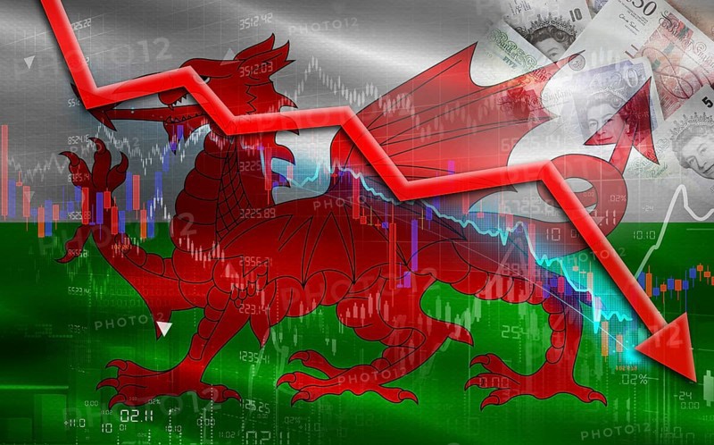 Wales financial fall on economy market. Welsh financial crisis on economic graph