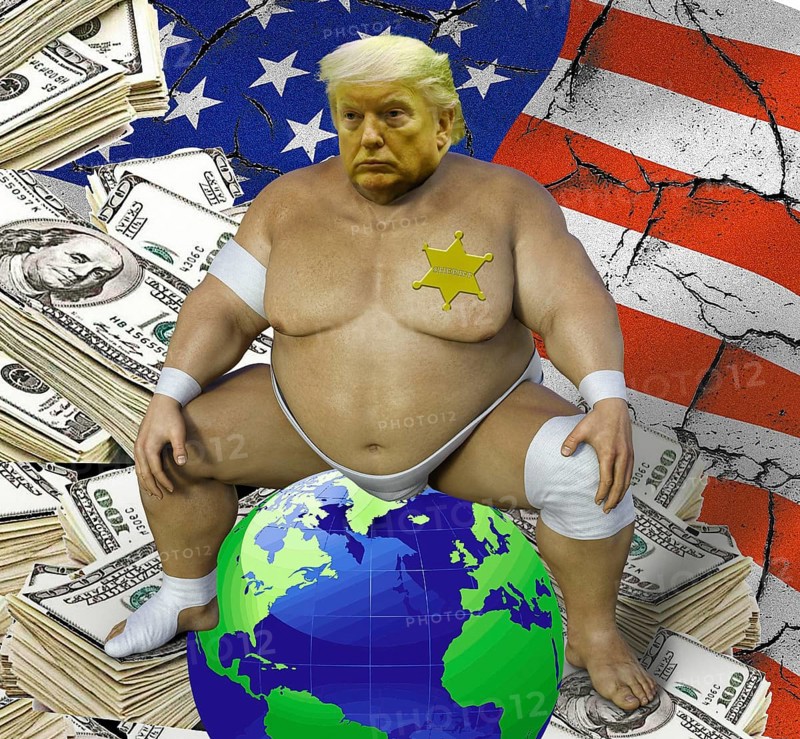 Symbolic image, sumo wrestler Donald sits in the world, USA for Trump self-service shop, Trump Bitcoin, questionable speculation gains for himself and Trump family, dollar blessing to the detriment of the USA, morale as president, stock market prices, uncertain digital currency, resources, industry, critical economy, stock market hype, stock market crash, payment, insolvency, wrong decisions, maximum profit, profit slump, share prices, location Germany, global economy, globalization, environmental protection, mafia, Trump administration, bitcoin rally, cryptocurrency, electronic Wallet wallet, crypto reserve, price development, stock exchange trading