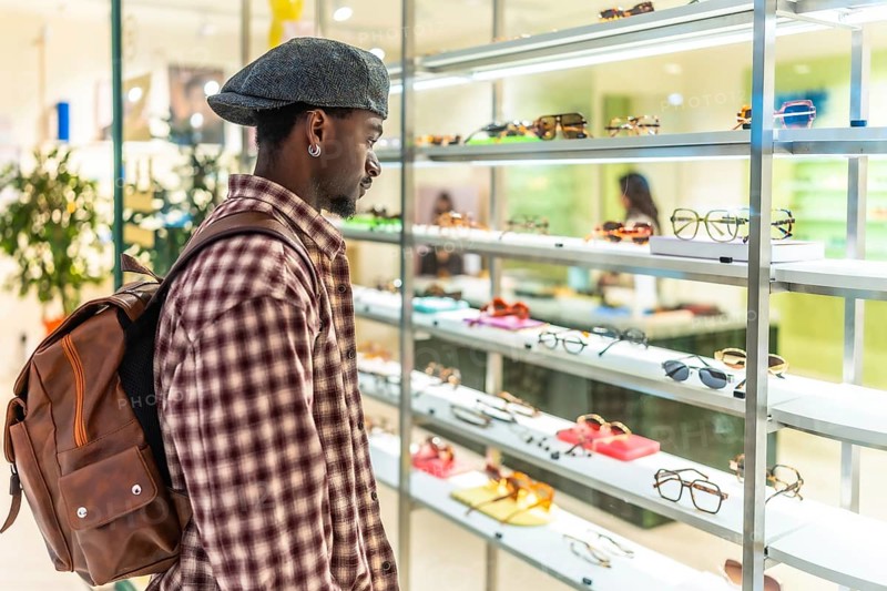 Young man in cap and backpack browses eyeglass and sunglass frames at a modern optical shop, weighing styles and fit before choosing new prescription or fashion eyewear