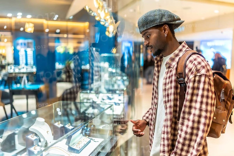 Young black man wearing a plaid shirt and cap intently looking at a display case filled with expensive jewelry, expressing desire and aspirations while shopping in a modern mall