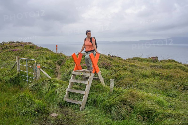 Crossing a fence while hiking to the lighthouse of, Sheepshead, County Cork, Ireland