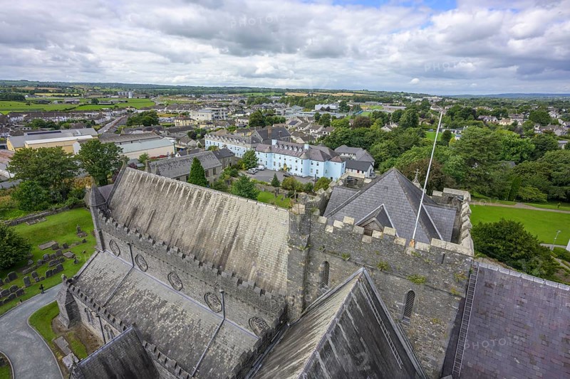 View of the cathedral roof and town from the round tower, St. Canice's Cathedral, Kilkenny, County Kilkenny, Ireland
