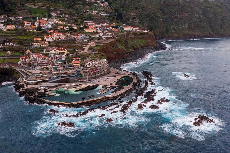 Aerial view, natural swimming pools, natural swimming pools in volcanic rock, lava pools, natural pools, rocky coast, bathing complex, Porto Moniz, Madeira, Portugal