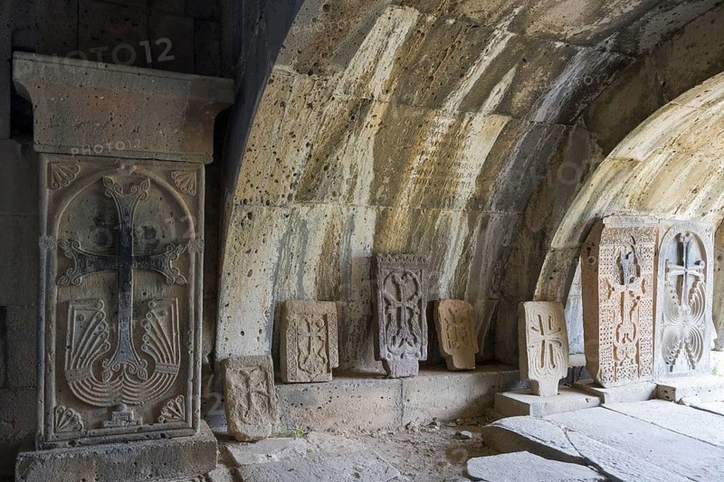 Stone room with decorated ancient grave slabs and cross reliefs under a vaulted roof, Haghpat monastery, Haghpatavank, town of Haghpat, UNESCO World Heritage Site, Lorikeet province, Armenia