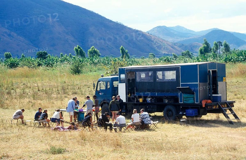 Participants of an overland safari during their lunch break, Malawi, Africa, June 2000, vintage, retro, old, historic
