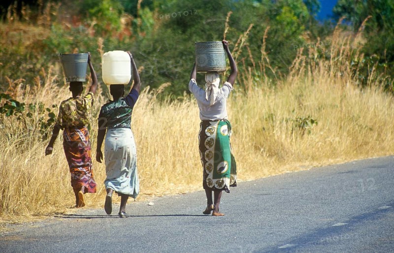 Women balancing baskets on their heads, Bwangu Mzimba, Malawi, Africa, June 2000, vintage, retro, old, historic