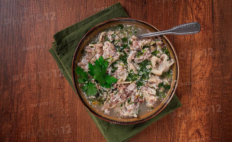 Muzhuzhi, a Georgian dish made from pork legs, with spices and herbs, homemade