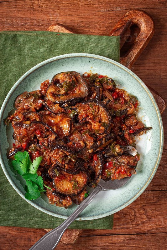 Meat with eggplant, Georgian dish, homemade, no people