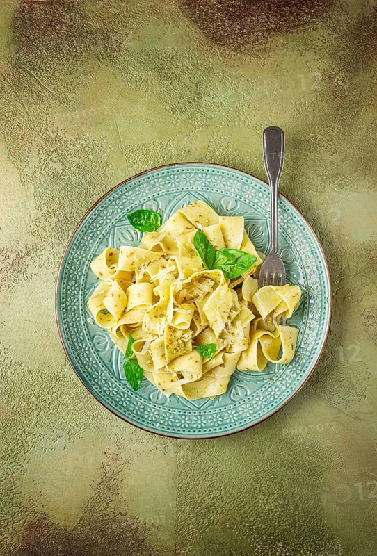 Pasta papardelle, with pesto and parmesan cheese, homemade, no people
