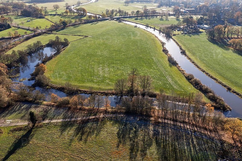 Aerial view, river Aller east of Celle, stream surrounded by meadows, Celle, Lower Saxony, Germany