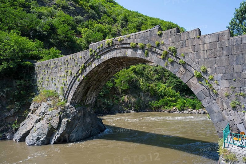 Historic stone bridge with vegetation spanning arches, river flowing below, Sanahin bridge across Debed river, Alaverdi, Alaverdi, Lorikeet province, Armenia