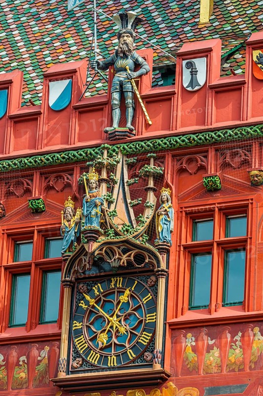 Exterior view of the magnificent clock at the Red Town Hall, Market Square, Basel