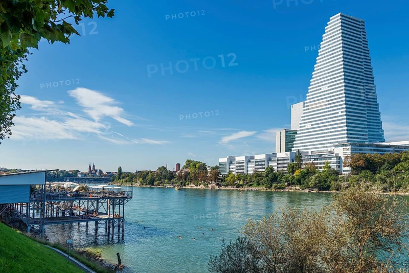 Basel Rheinbad with a view of the Roche Tower, Rhine, Basel