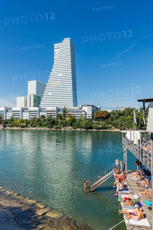 Basel Rheinbad with a view of the Roche Tower, Rhine, Basel