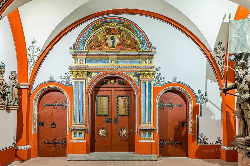 Arcades with antique wooden doors, City Hall, Basel